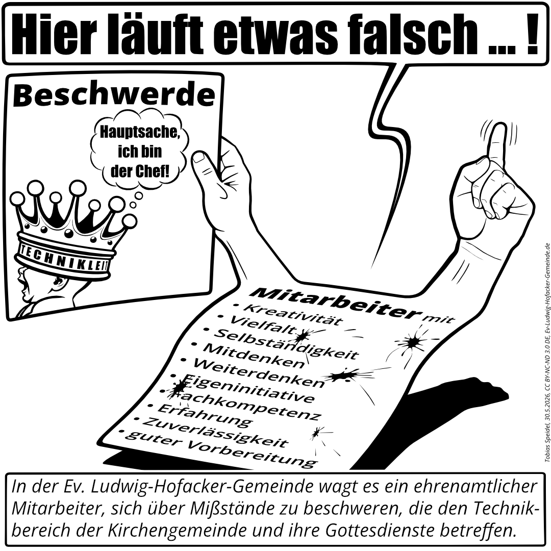 Ein ehrenamtlicher Mitarbeiter wird symbolisch durch ein Blatt Papier dargestellt, auf dem steht: Mitarbeiter mit Kreativität, Vielfalt, Selbständigkeit, Mitdenken, Weiterdenken, Eigeninitiative, Fachkompetenz, Erfahrung, Zuverlässigkeit, guter Vorbereitung. An einer der oberen Ecken ist eine Hand mit einem gestreckten Zeigefinger, an der anderen eine Hand, die ein weiteres Blatt Papier hält mit der Aufschrift Beschwerde.