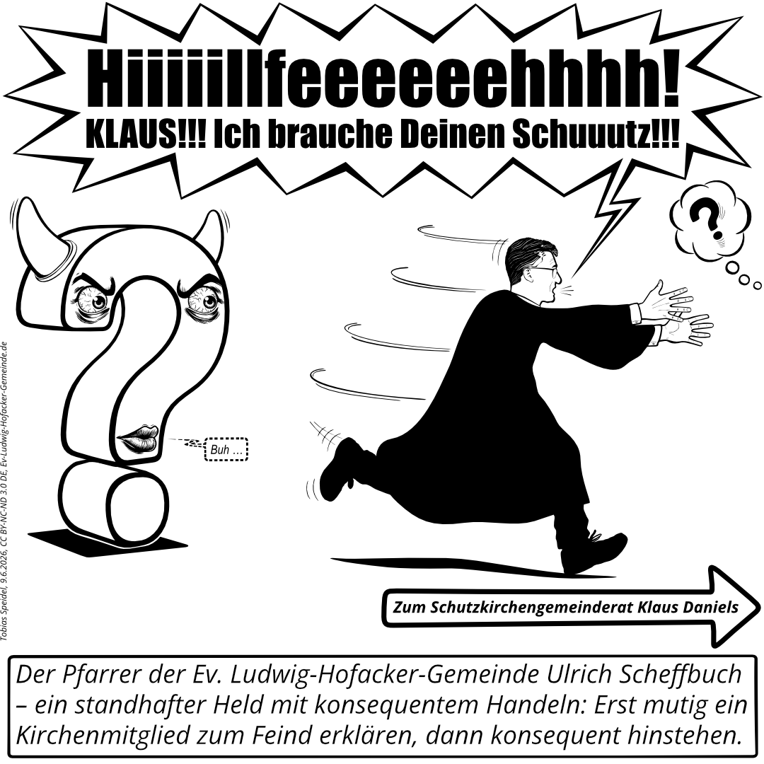 Der Pfarrer der Ev. Ludwig-Hofacker-Gemeinde Ulrich Scheffbuch rennt vor einem fragenden Kirchenmitglied seiner Gemeinde, symbolisiert durch ein großes Fragezeichen, in Angst davon.