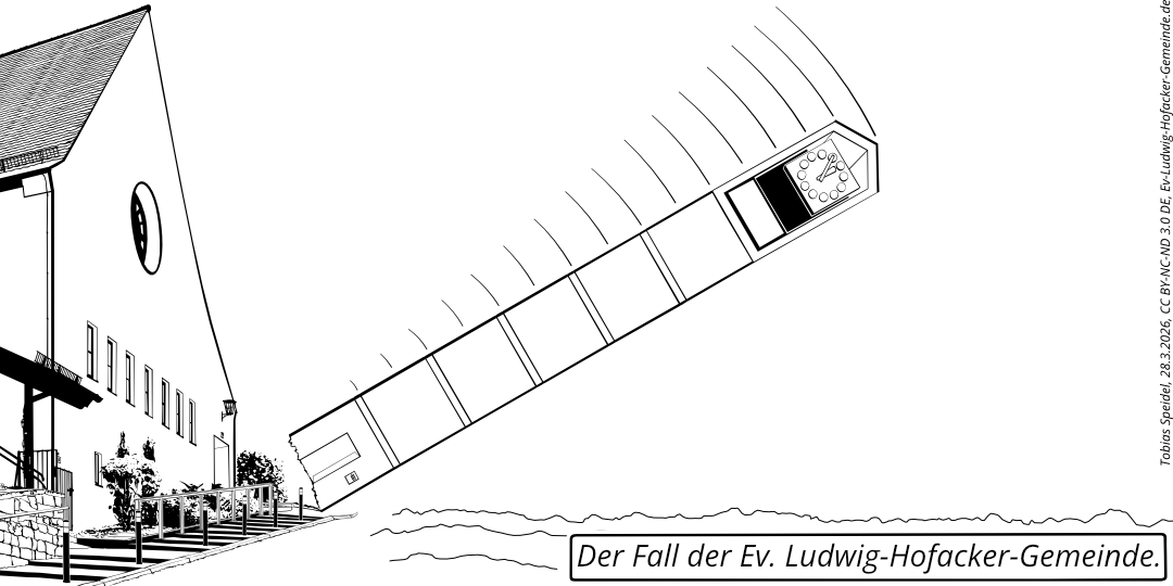 Die Westseite der Ev. Ludwig-Hofacker-Kirche mit ihrem umfallenden Kirchturm symbolisiert den schleichenden Untergang der Ev. Ludwig-Hofacker-Gemeinde Stuttgart.
